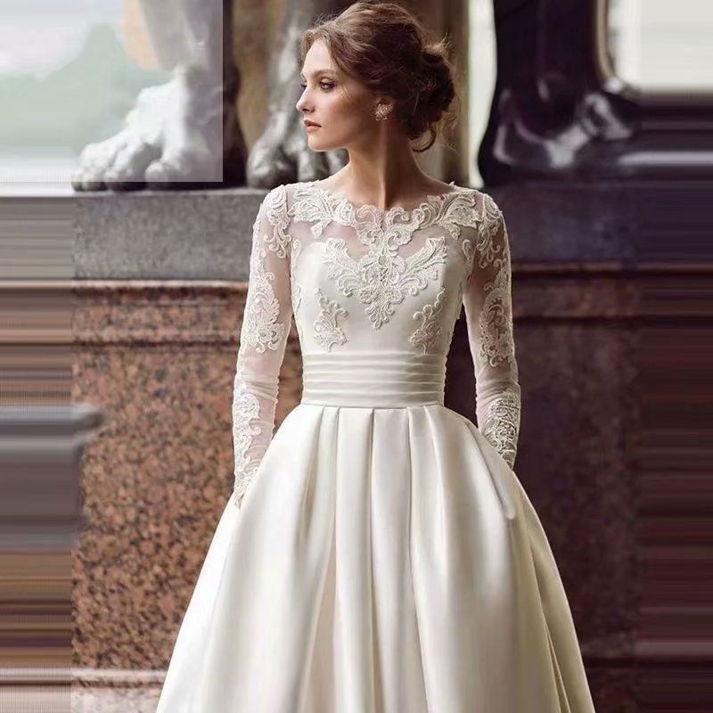 Abbigliamento donna desidera nuovo abito da sposa scollo tondo pizzo manica lunga abito da sposa sottile lungo_voghion.com