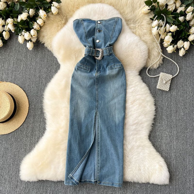 Verão feminino 2024 novo puro desejo quente menina cintura quadril fenda denim saia longa_voghion.com