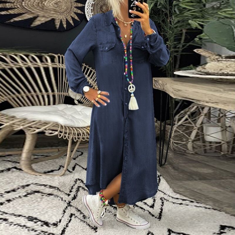 Frühlings-Jeanshemdkleid – Übergroßer Button-Down-Kragen und entspannte Passform (S-5XL, mittellanges Vintage-Boho-Kleid für Damen)_voghion.com