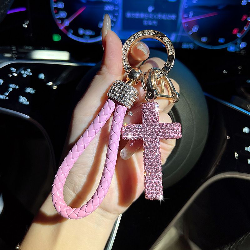 Nuovo portachiavi in ceramica e argilla con croce completa e ciondolo per chiave auto in corda intrecciata a mano con diamante, piccolo regalo._voghion.com