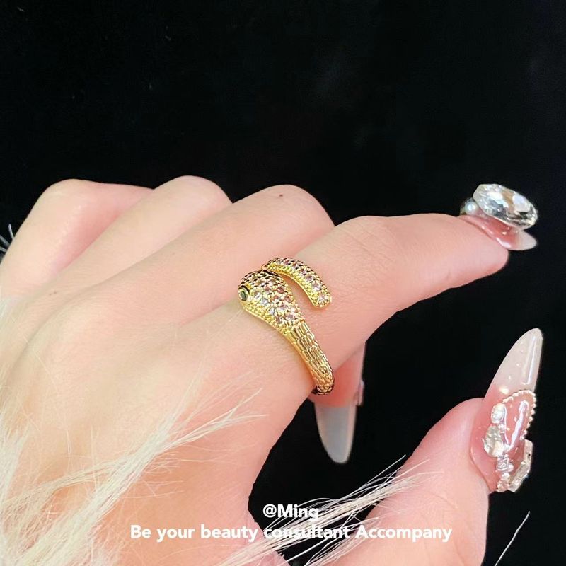 Light Luxury Full Diamond Head Snake Small Niche Fashion High-end Adjustable Ring For Women_voghion.com