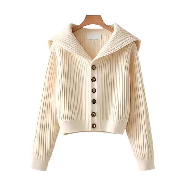 Eleganter, kurzer Cardigan mit marineblauem Kragen – Schlankmachender Strickpullover für zierliche Frauen, Lazy-Chic-Stil, vielseitige Oberbekleidung für den Frühling_voghion.com