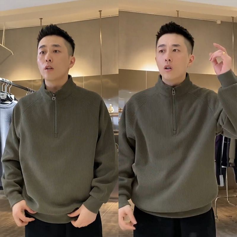 Autumn And Winter Loose Retro Top Corduroy Stand Up Collar Half Zipper Casual Solid Color Hoodie_voghion.com