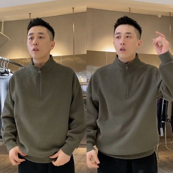 Autumn And Winter Loose Retro Top Corduroy Stand Up Collar Half Zipper Casual Solid Color Hoodie_voghion.com