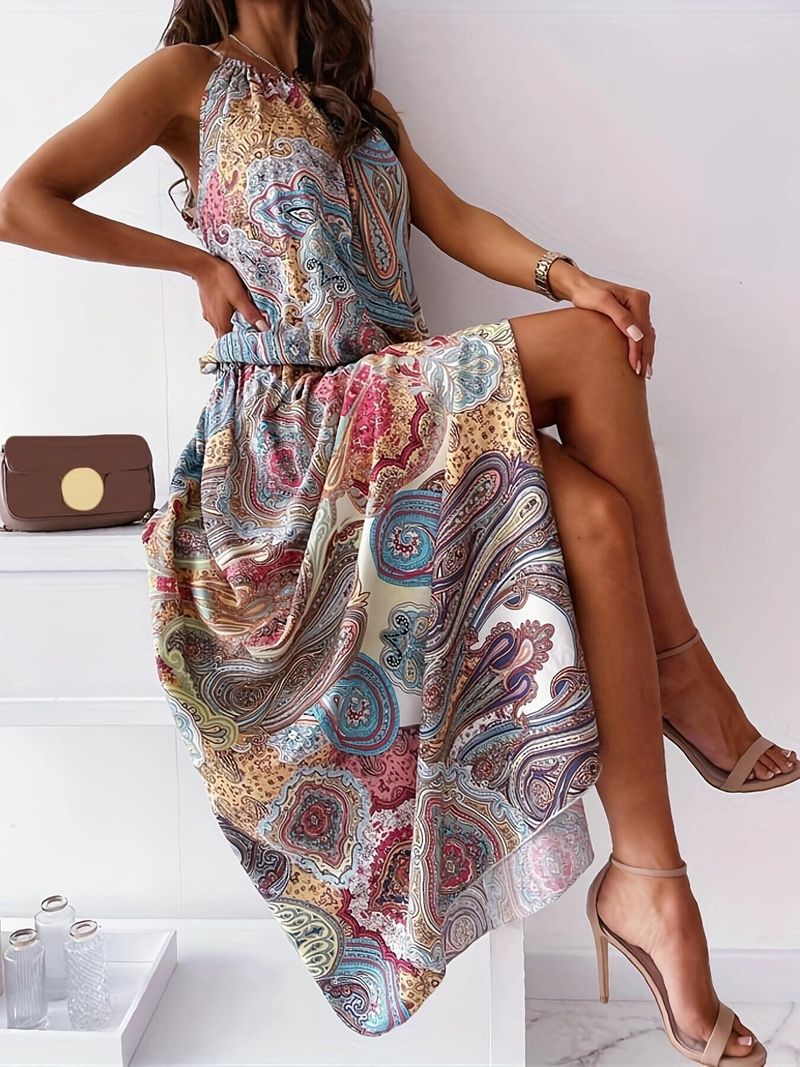 Sommer Ärmelloses Langes Kleid Frauen Gedruckt Neckholder Kleid Sexy Boho Taille Schlitz Maxi Kleid Weibliche Casual Strand Sommerkleid_voghion.com