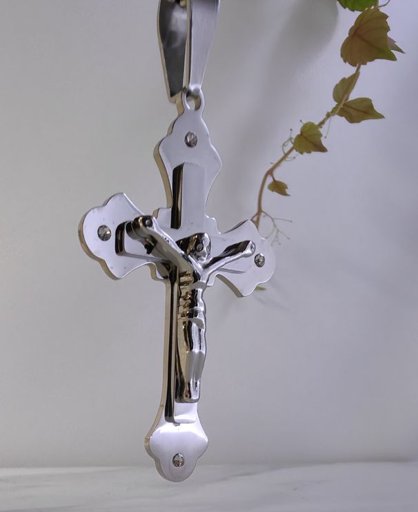 Collana con maglie piatte in titanio e acciaio inossidabile, ciondolo a croce con diamanti, vendita calda_voghion.com