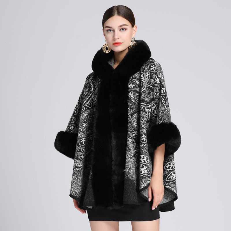 New style   rex rabbit fur collar jacquard hooded shawl cloak large size woolen coat cardigan for women_voghion.com