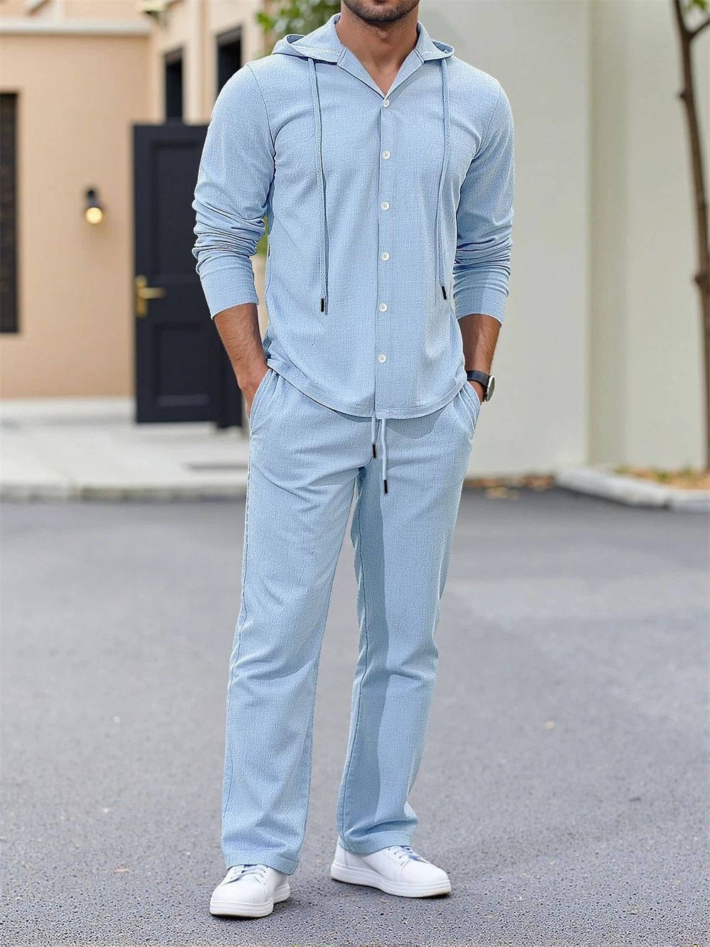 Herren-Set aus Leinen-Hoodie und -Hemd – 100 % Baumwolle, übergroße Loungewear für Freizeit und Streetwear (Weiß/Grau/Schwarz/Khaki/Himmelblau/Oliv, S-XXXL)_voghion.com