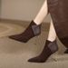 Pointed short boots women's thin heel autumn and winter new temperament high heel short women's boots frosted leather splicing bare boots_voghion.com
