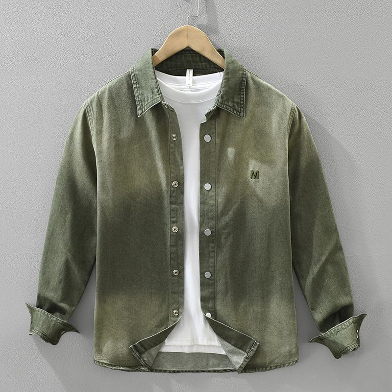 Trendiges Langarmhemd aus Denim, besticktes, vielseitiges, künstlerisches, lässiges, lockeres Oberteil für Herren_voghion.com