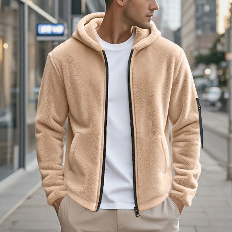 Chaqueta con capucha y forro polar para hombre, abrigo cálido de invierno con cremallera y suave felpa de doble cara, ajuste relajado para uso informal._voghion.com