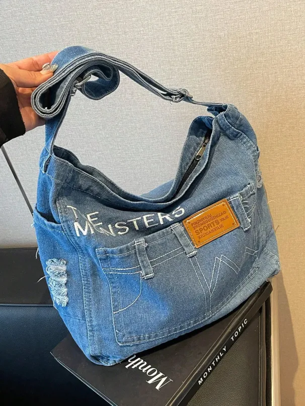 Vintage Denim Shoulder Bag With Adjustable Strap Multiple Pockets Distressed Jeans-Style Stitching And Metal Buckles For_voghion.com