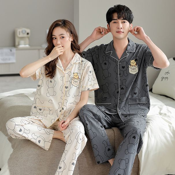 Couple's Pure Cotton Pajama Set | Basic Short Sleeved+long Pants Matching Loose Cardigan Suitable For Three Seasons, Youthful And Casual Style_voghion.com