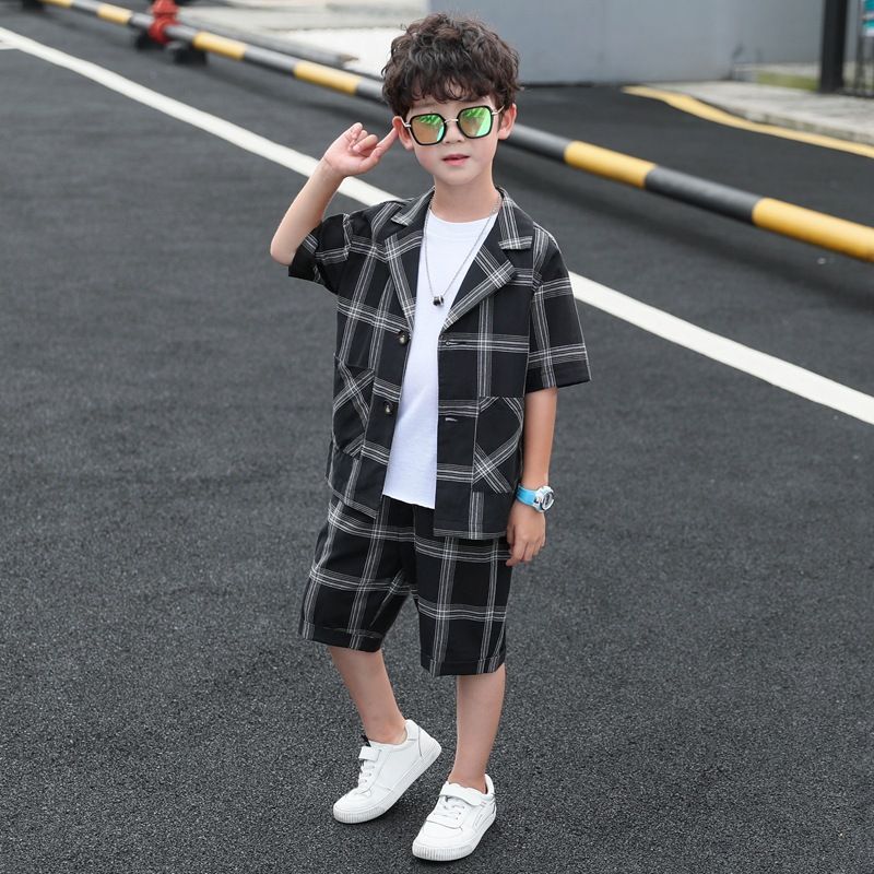 Mother & Kids Boys suit summer new 2024 Korean version children's handsome middle and large children's summer short-sleeved suit three-piece suit_voghion.com