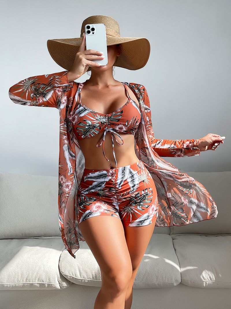Geteiltes dreiteiliges Set für Damen mit hoher Taille, langen Ärmeln, Bluse, Internet-Promi-Outfit mit Kordelzug_voghion.com