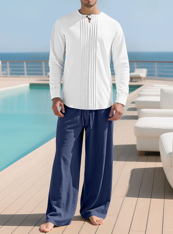 Men's Clothing Button Long Sleeved Robe Straight Pants European And American Henry Collar Casual Shirt Cotton And Linen Men's Suit_voghion.com