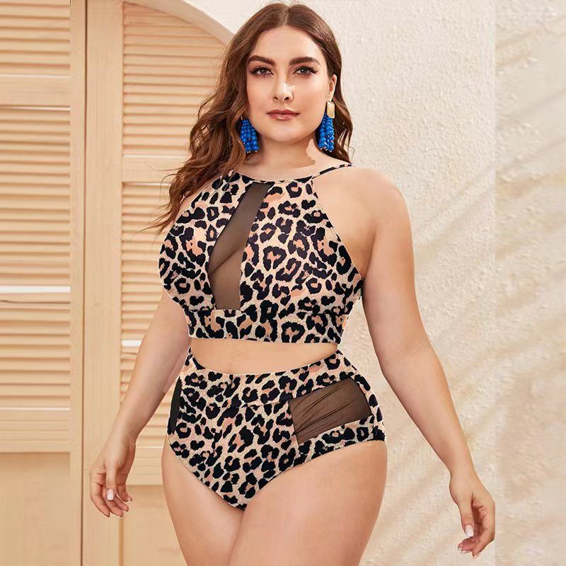 Kvinnor leopard delad mesh sömmar hög midja trosor fet kvinna baddräkt_voghion.com