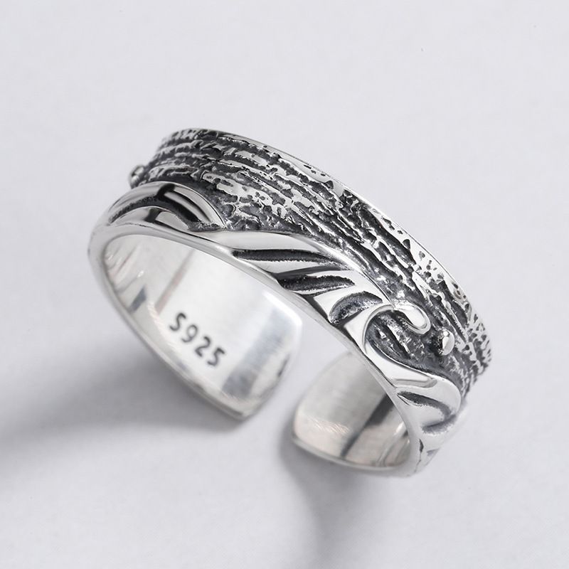Anello aperto regolabile alla moda in argento puro con motivo a onde oceaniche, stile freddo, per uomo_voghion.com