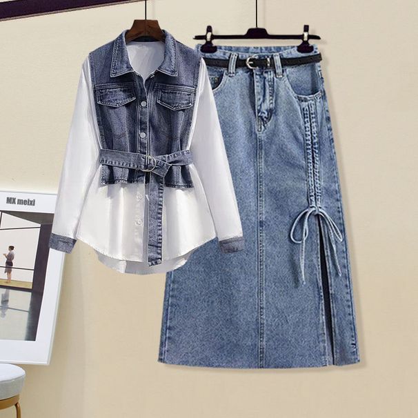 Odzież damska Slim All Match Waist Shirt Denim Spódnica Dwuczęściowy garnitur_voghion.com