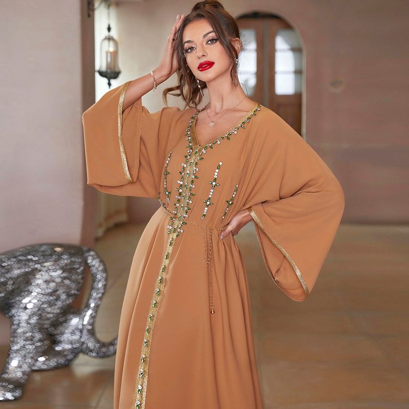 Women's Clothing Khaki Hand Stitched Diamond Middle East Southeast Asia Travel Sleeve Dress_voghion.com