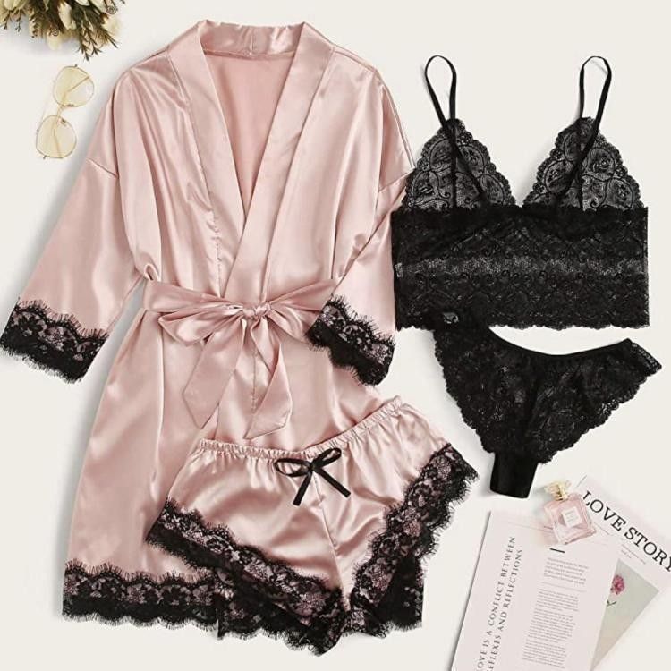 Eros Lab European And American Style Women's Pajamas Four-Piece Set Lingerie Plus Size Export Home Wear Manufacturer Lace_voghion.com