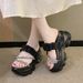 Mesh Wedge For Women, Summer New Korean Fashion Open-Toe One-Strap Beach Sandals, Trendy Outdoor Slippers_voghion.com