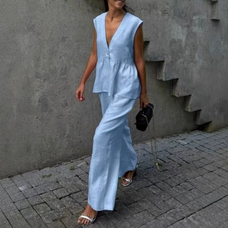 Ensemble deux pièces en coton pour femme, haut sans manches, gilet et pantalon, couleur unie, idéal pour les déplacements quotidiens_voghion.com