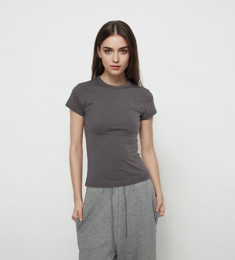 T-shirt da donna slim fit in modal elasticizzato - Top corto a maniche corte con elastico in vita per una silhouette a clessidra sexy - Rosa baby e blu navy_voghion.com