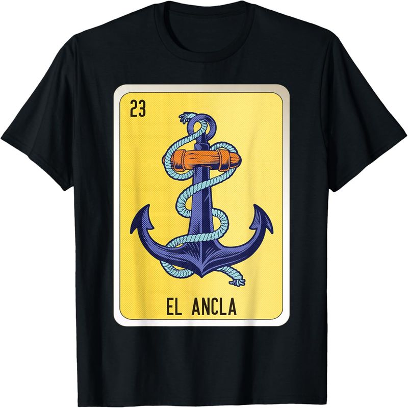 Camiseta com cartas de bingo chicano e gíria mexicana El Ancla._voghion.com