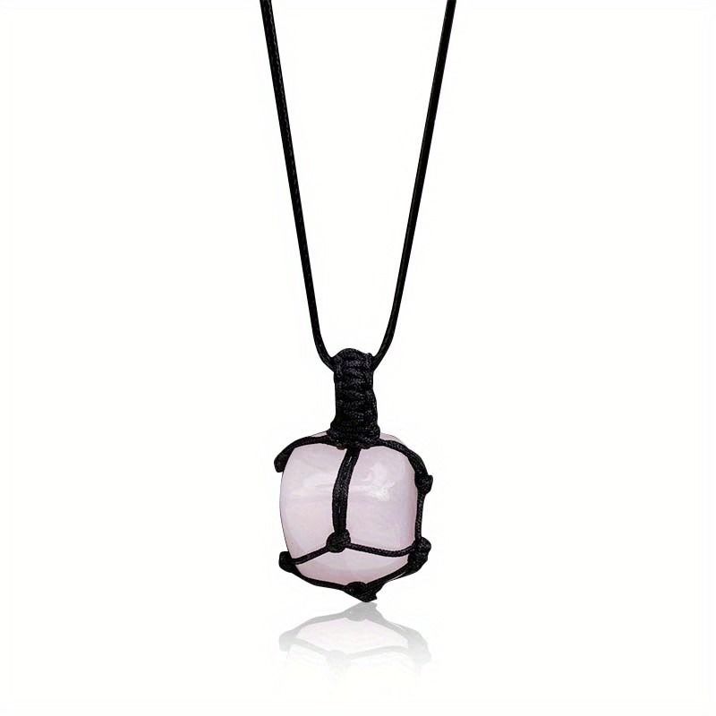 Hand-Woven Amethyst & Agate Pendant Necklace - Irregular Raw Stone Woven Net Bag Sweater Chain For Boho & Hippie Style (18")​_voghion.com
