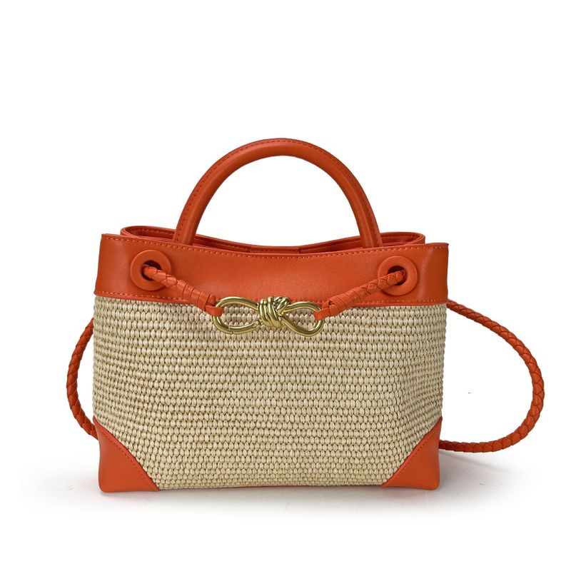 Borsa da donna in paglia intrecciata con cuciture, fibbia a forma di otto, borsa a tracolla in metallo, vera pelle, da tenere a mano_voghion.com