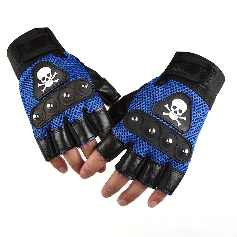 Gants de cyclisme en cuir PU pour homme, demi-doigts, tête de mort blanche, pour l'extérieur, pour l'automne et l'hiver_voghion.com