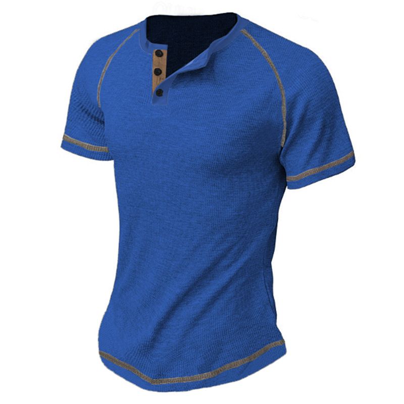Camicia da uomo Henley a collo tondo, estiva, di qualità imbattibile, con piccoli quadri a cinque righe e cuciture._voghion.com