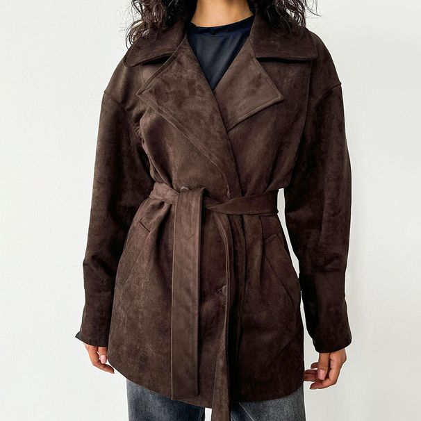 Retro Brown Suede Jacket Lace Up Coat Women's Design Sense Temperament Fashion 2025 Autumn And Winter New Style_voghion.com