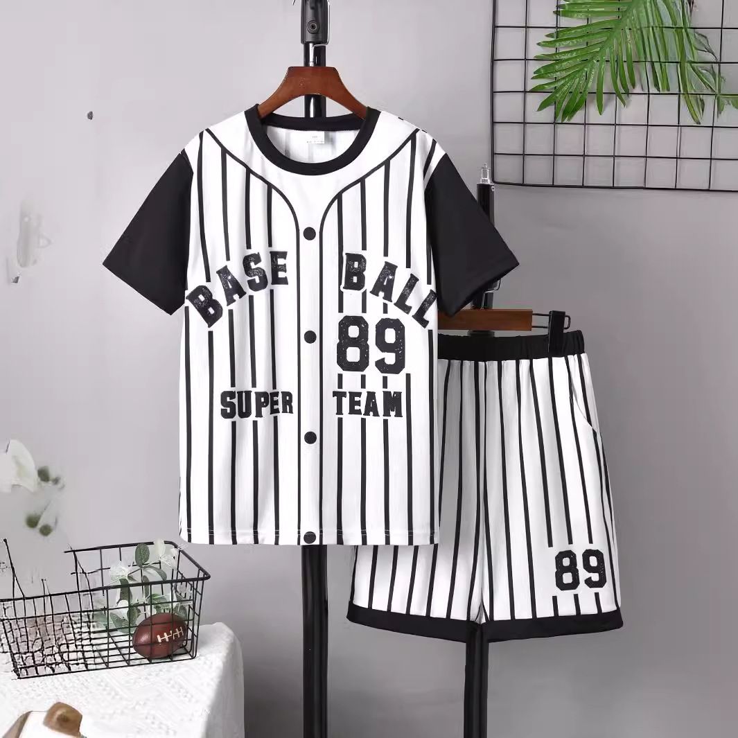 Kids Clothing 2024 Spring and Summer English Letter Striped Print Short-sleeved T-shirt & Shorts Two-piece Set_voghion.com
