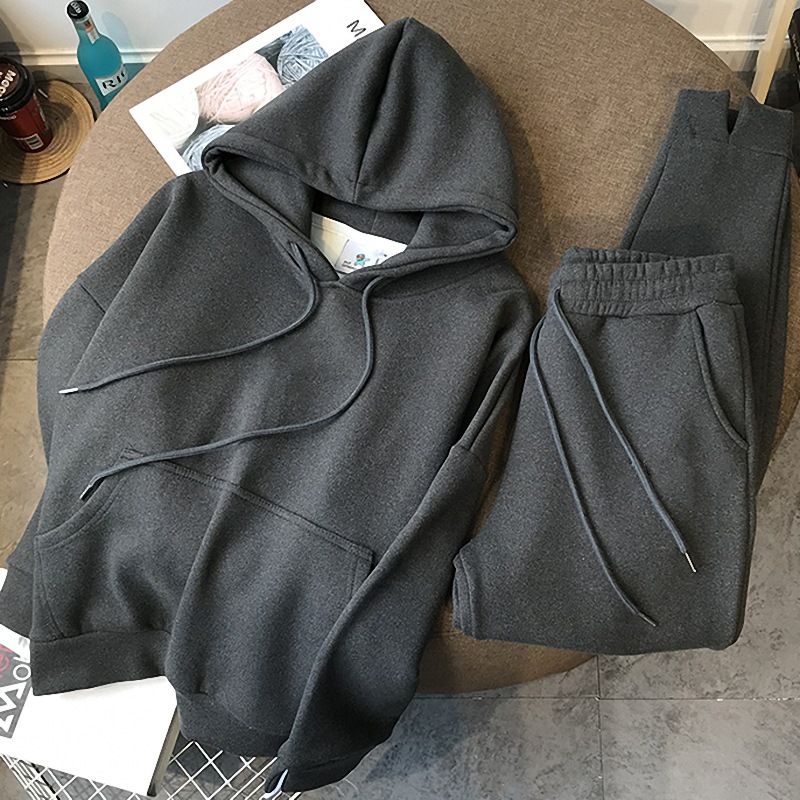 Women's Clothing New autumn and winter thickened velvet hooded sweatshirt women's suit solid color sports leisure fashion two piece top_voghion.com