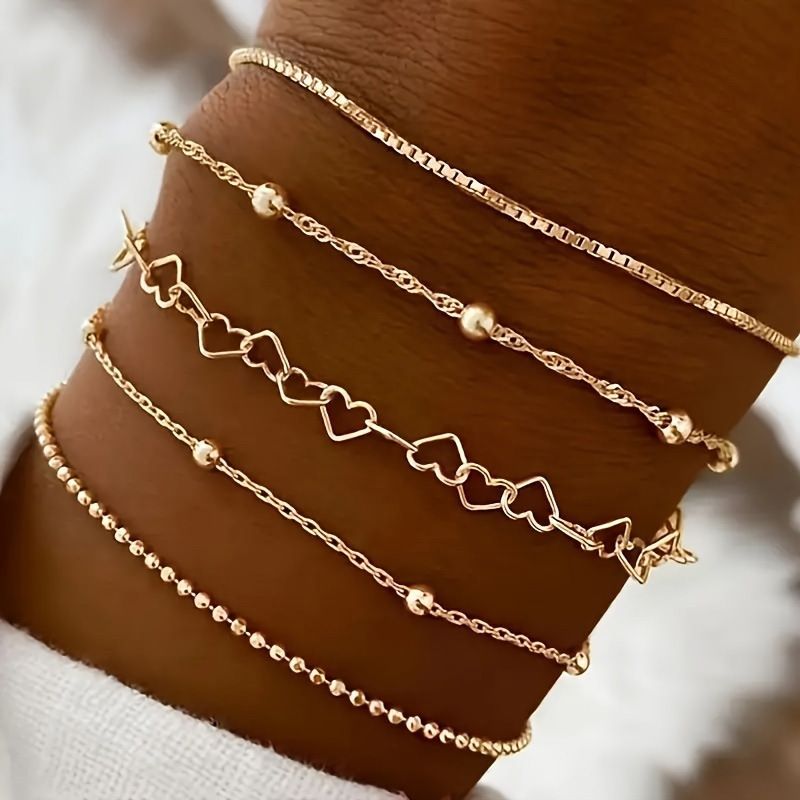 European And American Cross Border Bracelet Set Bohemian Minimalist Hand Jewelry Metal Chain Women's Multi Layer Chain 5 Bracelets_voghion.com
