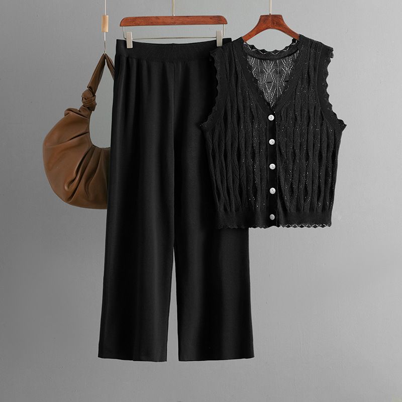 Damenbekleidung Sommer Neue einfache Strickjacke Lose ärmellose Strickweste Anzug + weite Beinhose Gestrickter zweiteiliger Anzug für Frauen_voghion.com