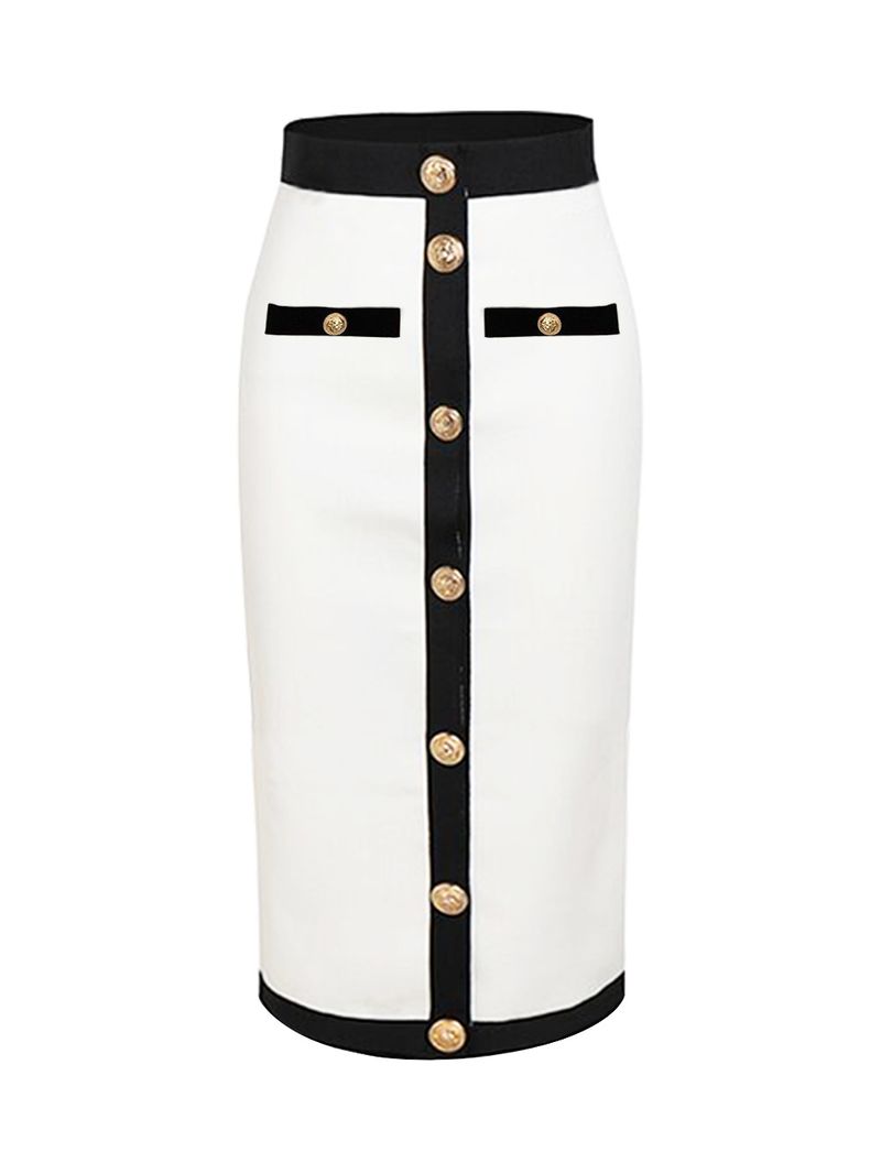 Jupe à bandes de hanche assortie avec bouton doré, vêtements pour femmes, couleur noir et blanc, à la mode, assorti avec tout, style quatre saisons_voghion.com