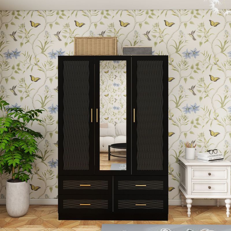 Wooden Armoire Wardrobe Closet With 3 Doors Hanging Rods 4 Drawers Shelves Large Capacity Clothes Storage Cabinet Organization For Bedroom Black 47.24" W X 19.69" D X 70.87 "H -- 2 Packages_voghion.com