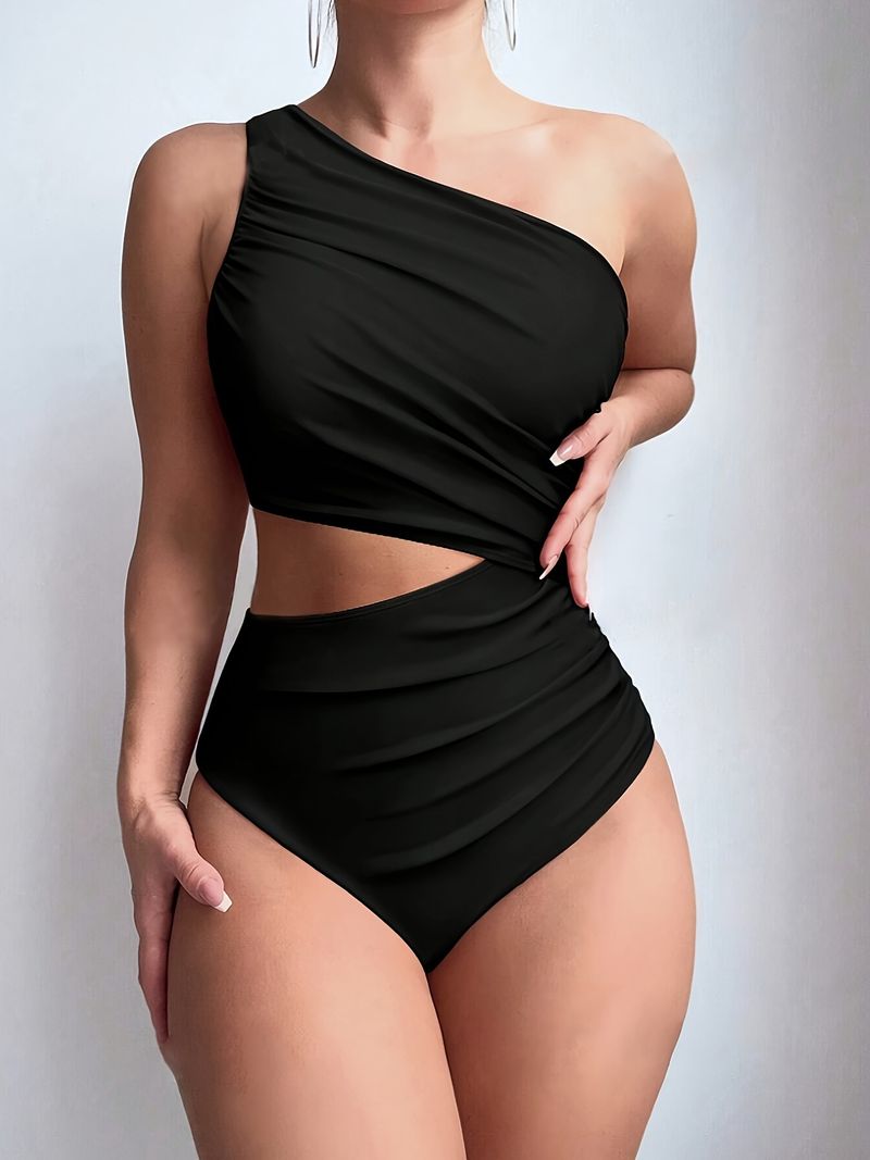 Maillot de bain une pièce à une épaule, couleur unie, sexy et moulant, pour femme_voghion.com