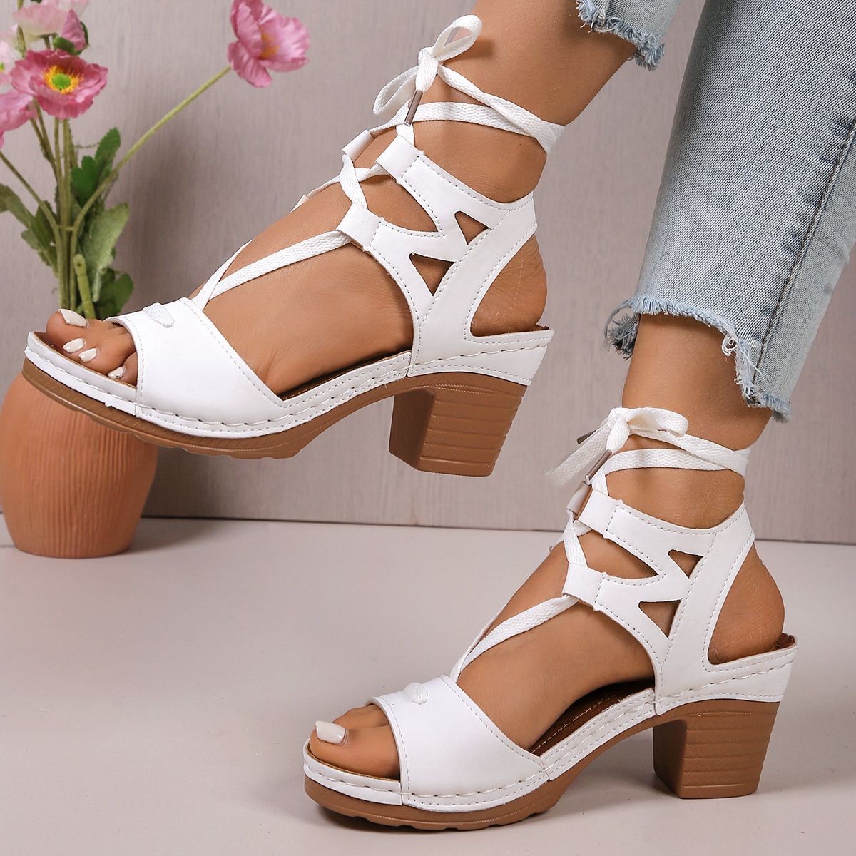 Plus Size Chunky Heel Spring Summer New Hollow Peep Toe Flower Buckle Casual Women's Sandals Strappy_voghion.com