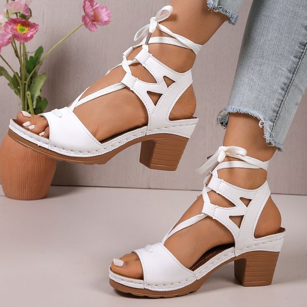Plus Size Chunky Heel Spring Summer New Hollow Peep Toe Flower Buckle Casual Women's Sandals Strappy_voghion.com