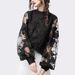 New Women's Lace Puff Sleeve Transparent Round Neck Solid Color Top Shirt Spot_voghion.com