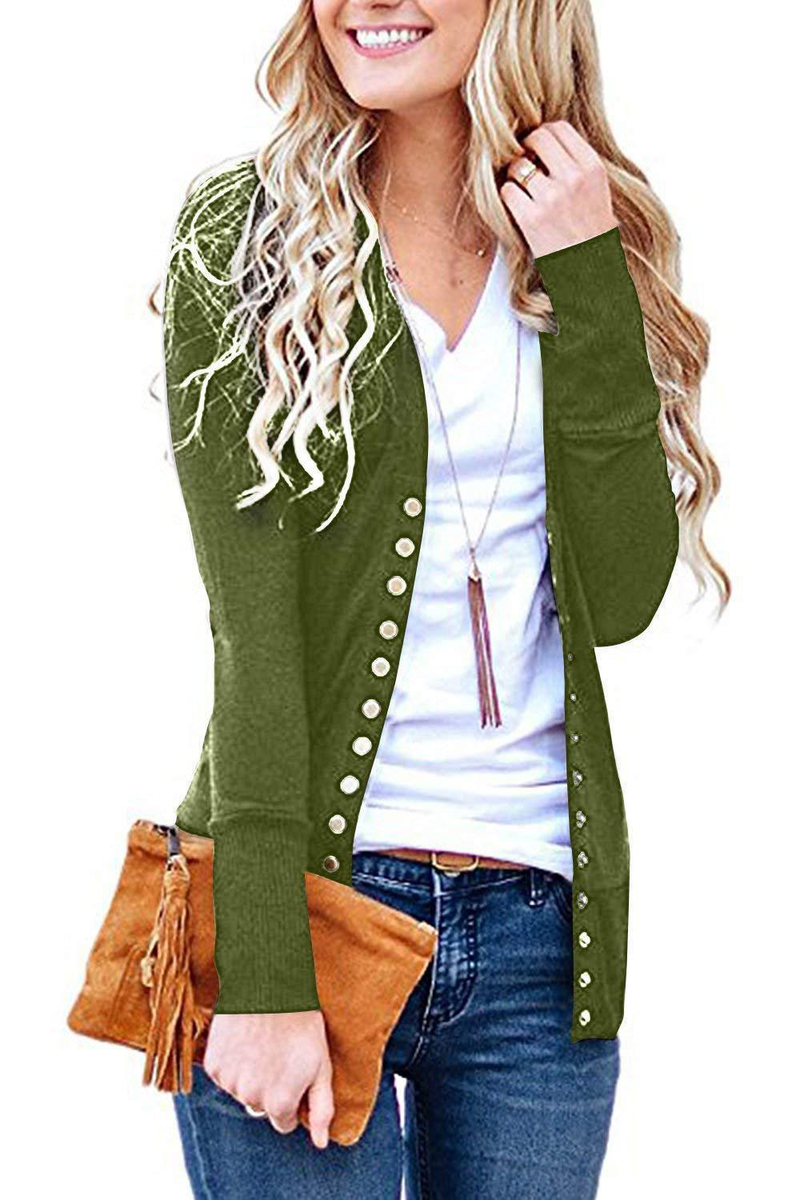Top cardigan con bottoni a maniche lunghe con scollo a V in tinta unita alla moda da donna_voghion.com