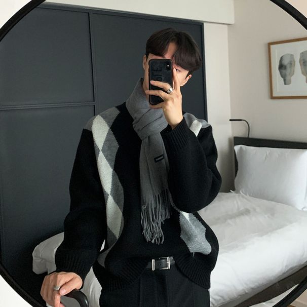 Maglione da uomo con design unico, maglieria casual a blocchi di colore, top alla moda primaverile e autunnale_voghion.com