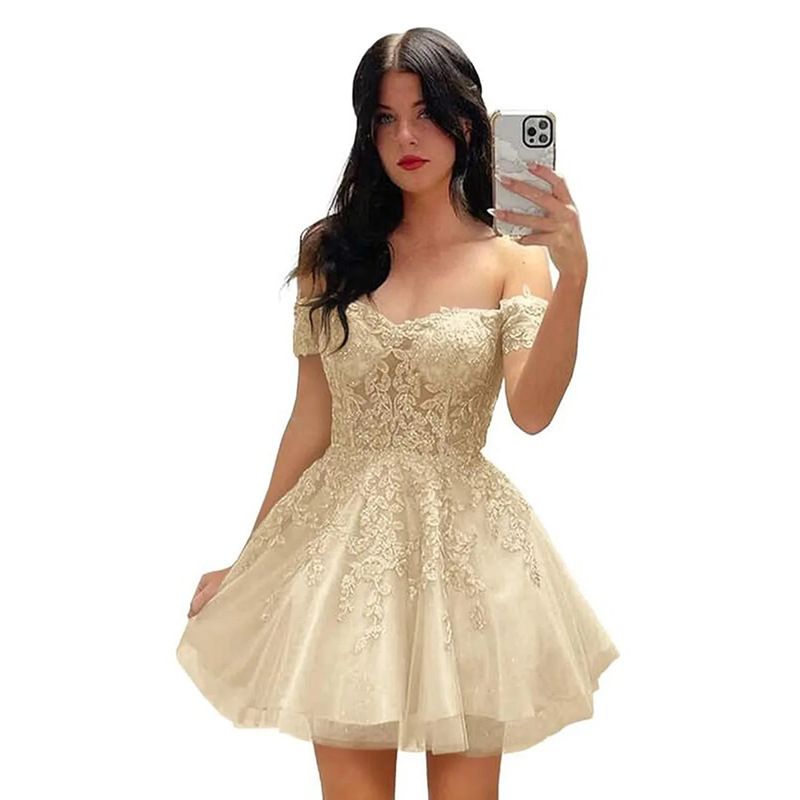 Cocktailkleid mit Spitzenapplikation und einer Schulter, Abschlussfeier, Abendkleid_voghion.com