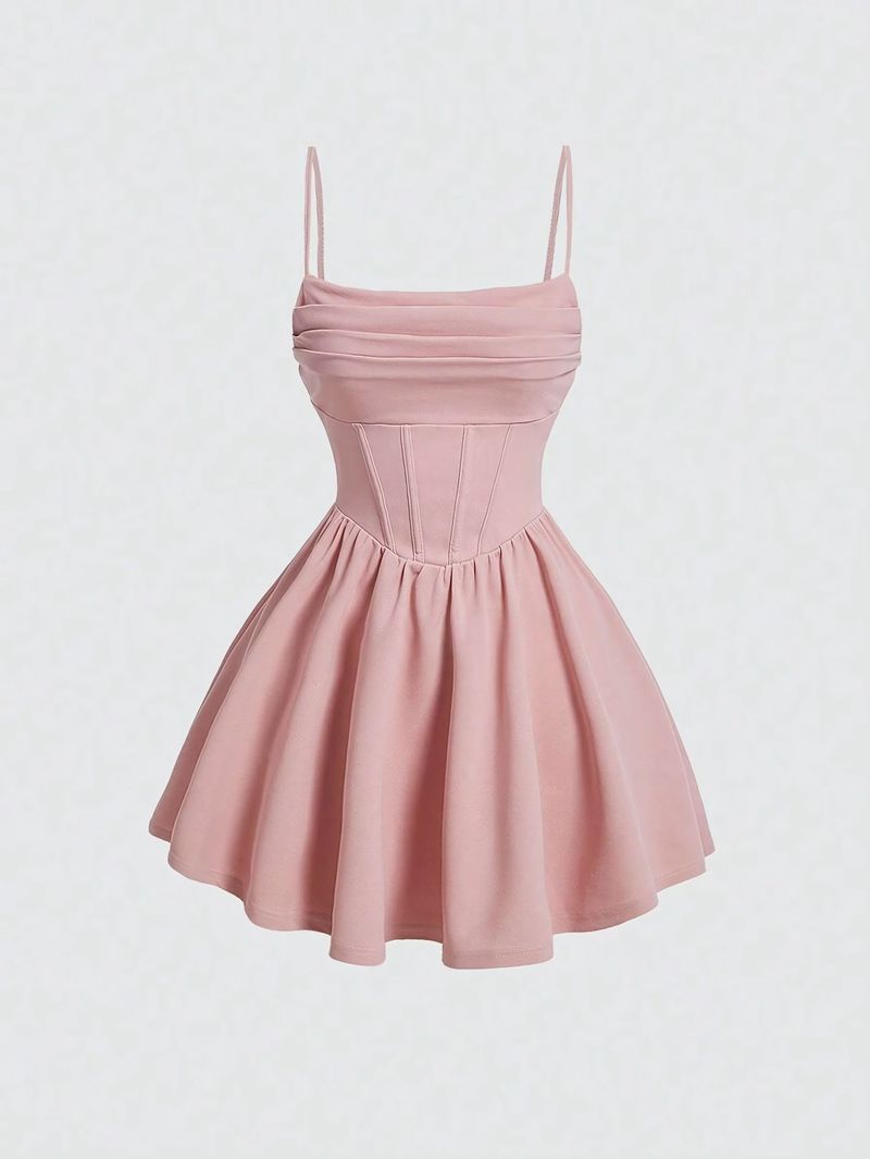 Damenbekleidung Sommermode Sexy Kleid Einfarbig Plissee Zurück Reißverschluss Hosenträgerkleid_voghion.com