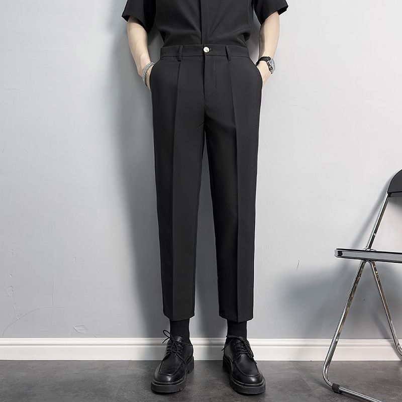 Herrenbekleidung Schlanke, gerade Anzughose mit Anti-Falten-Effekt, bügelfreie Business- und Freizeithose für Herren, Advanced Drape, schwarze Neun-Punkt-Anzughose für kleine Größen_voghion.com