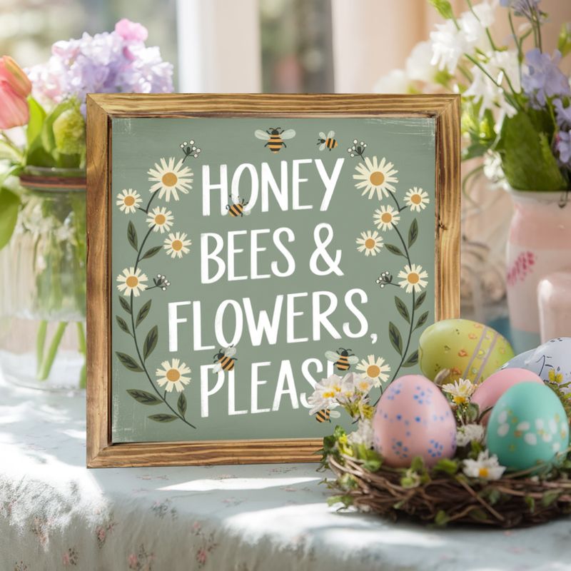 "8x8" 'Honey Bees & Flowers, Please' Wood Sign - Rustic Farmhouse Wall Art For Living Room, Entryway | Playful Easter Gift_voghion.com